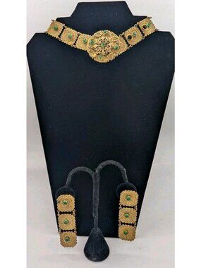 VTG Austro-Hungarian Style Green Filigree Choker Necklace & Earrings Set READ
